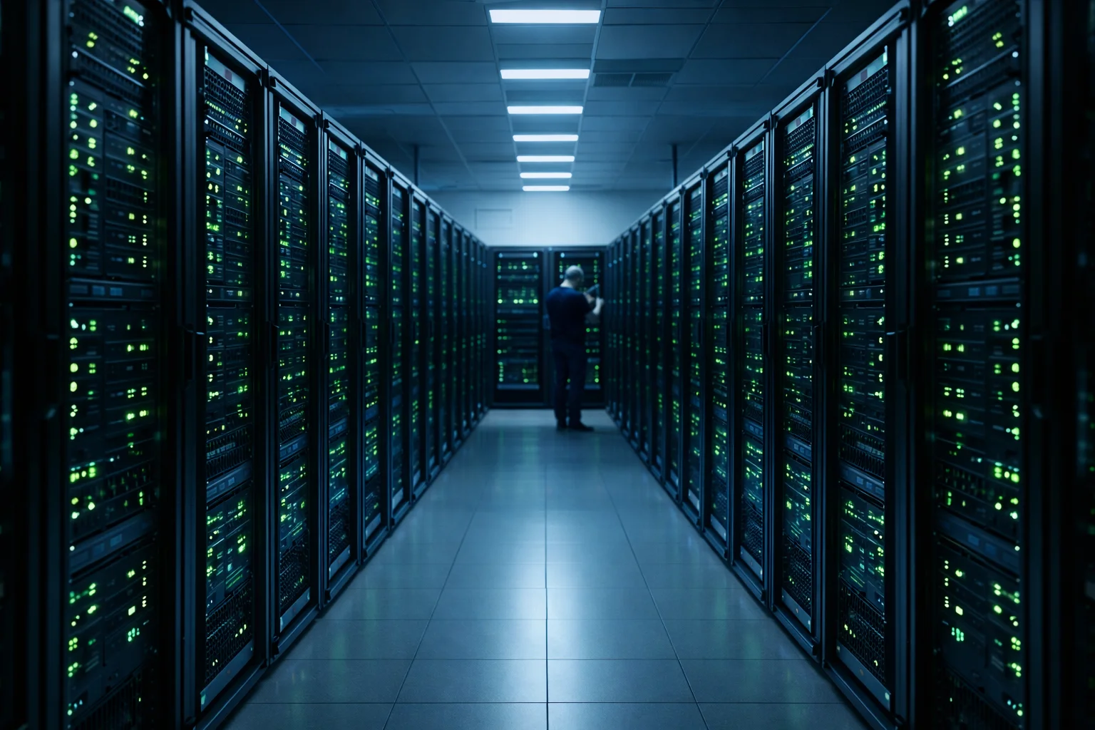 Sala server con luci LED verdi che rappresenta il sistema RNG certificato