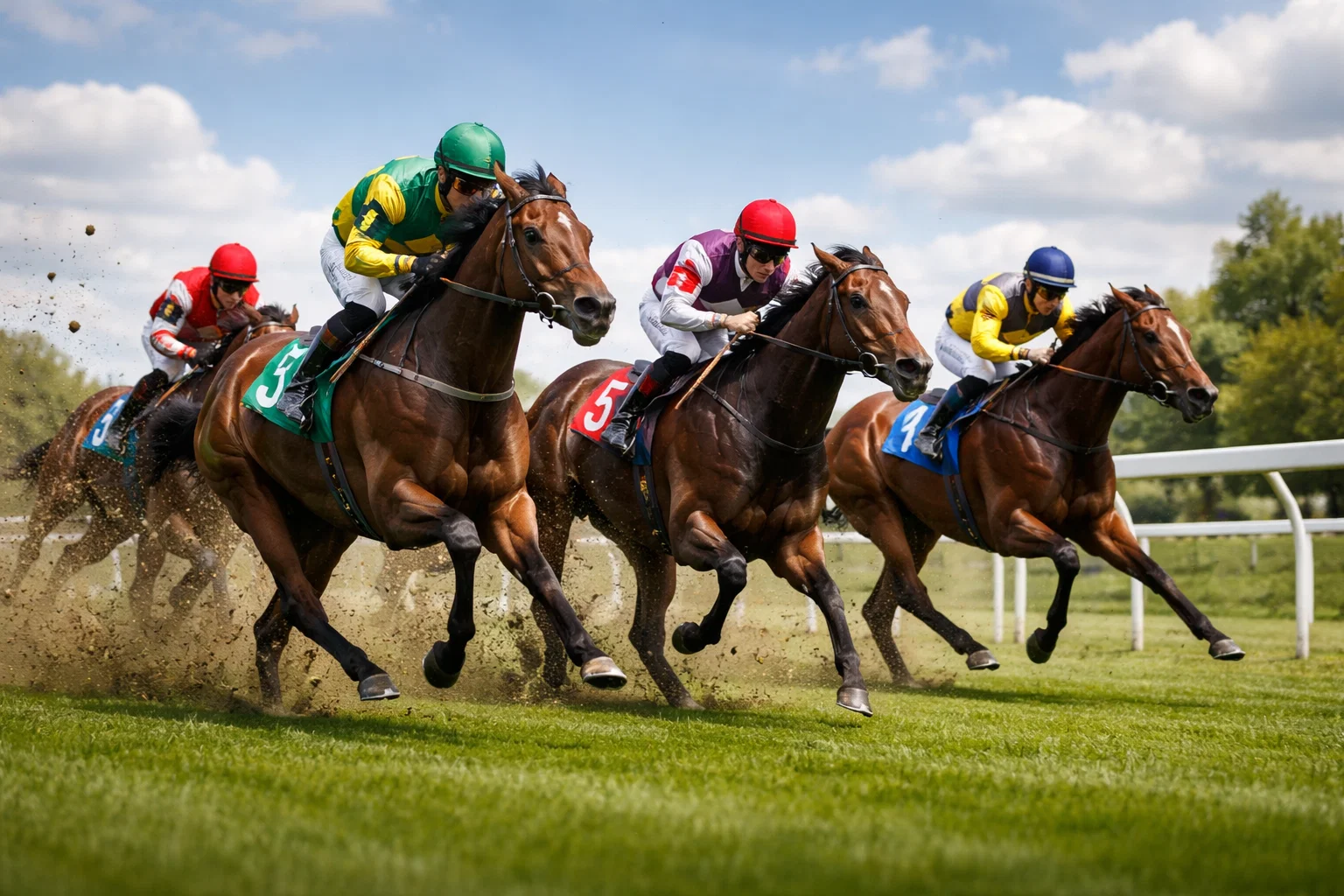 Cavalli al galoppo su pista in erba durante una corsa ippica simulata