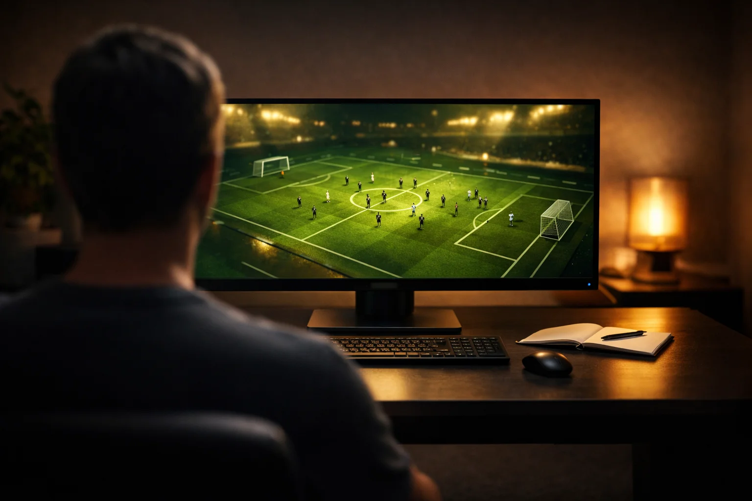 Persona che osserva una partita di calcio virtuale su monitor del computer