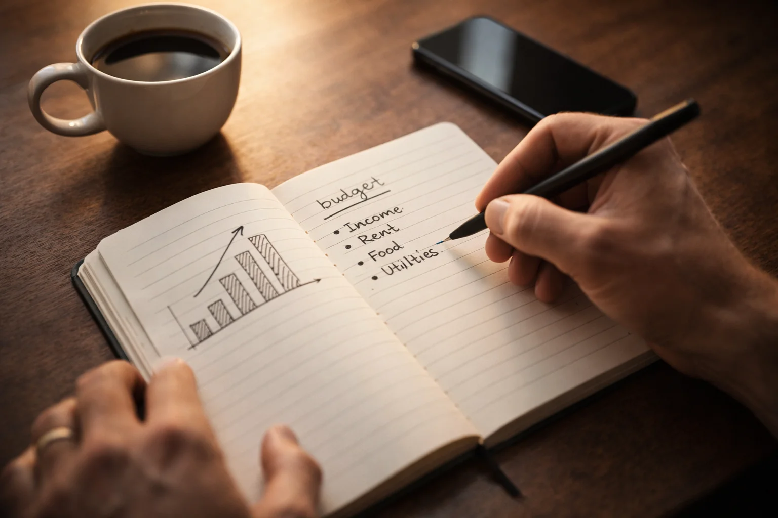 Persona che prende appunti su un blocco note con strategia di gestione del budget