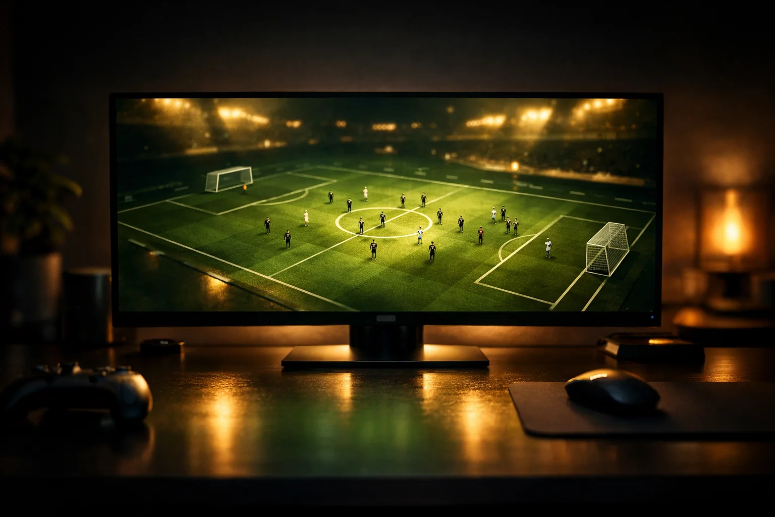 Schermo con simulazione di sport virtuali illuminato in una stanza moderna