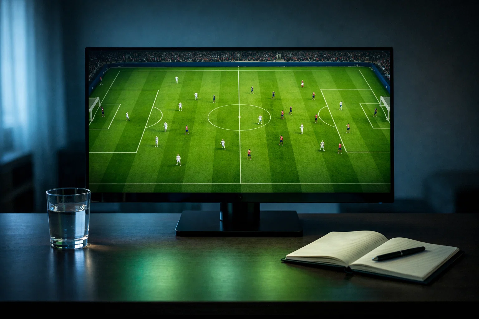 Schermo di computer che mostra una partita di calcio virtuale simulata