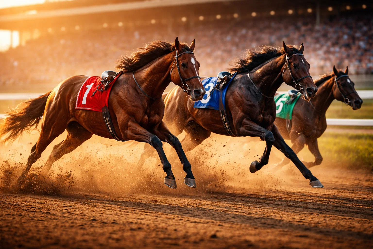 Cavalli da corsa al galoppo su un ippodromo durante una gara simulata